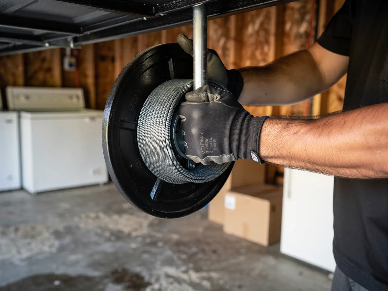 A technician's gloved hands are installing a garage door cable drum.