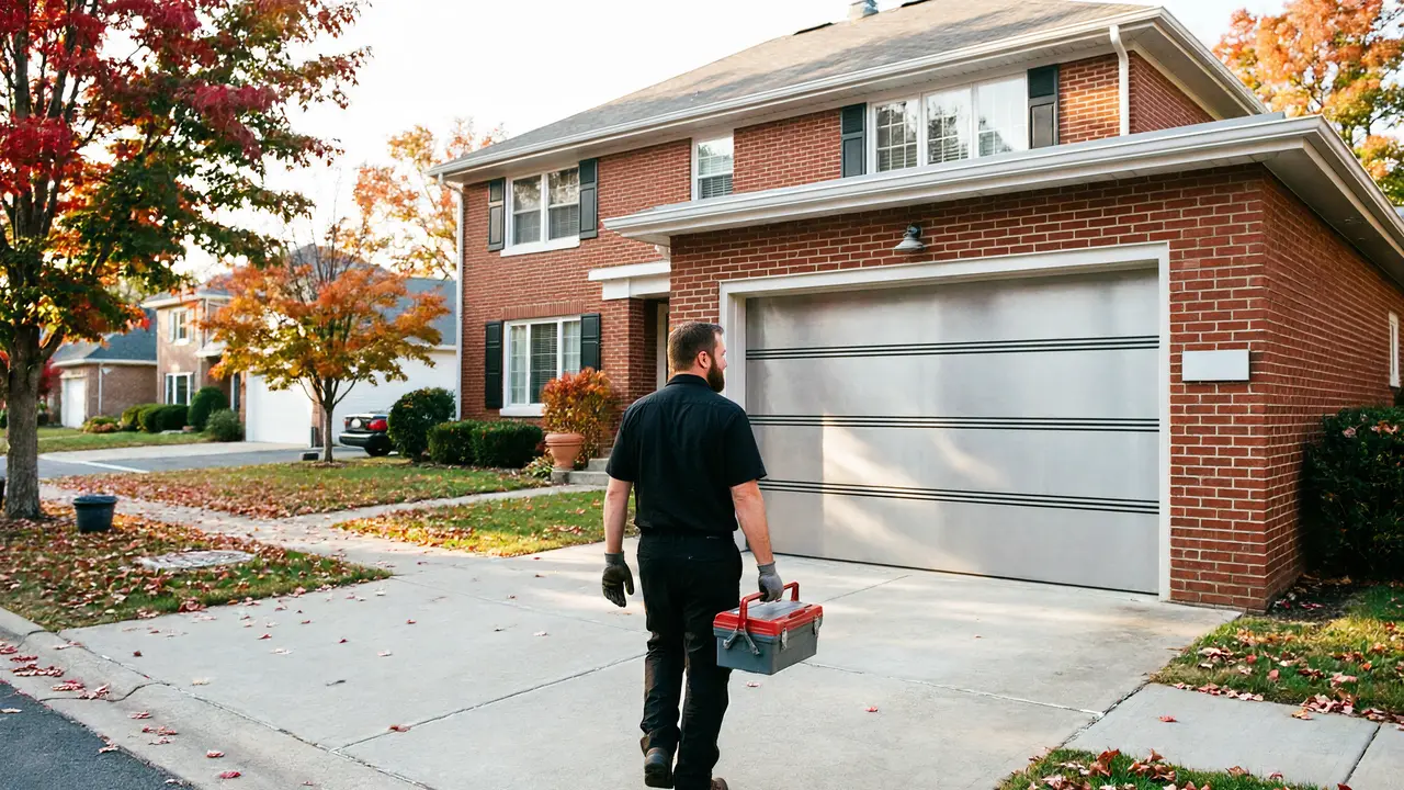 A technician walks toward a house with a modern garage door, carrying a toolbox.