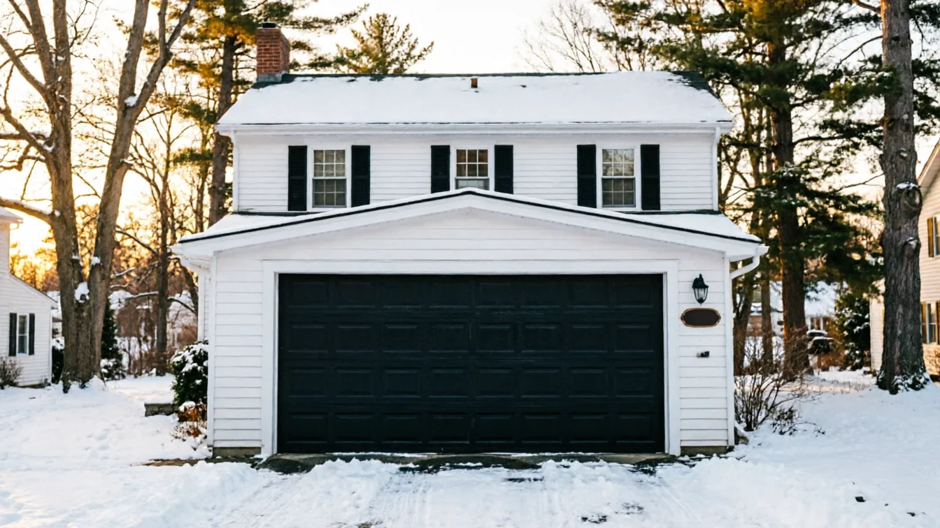 A white house with a black garage door is covered in snow.