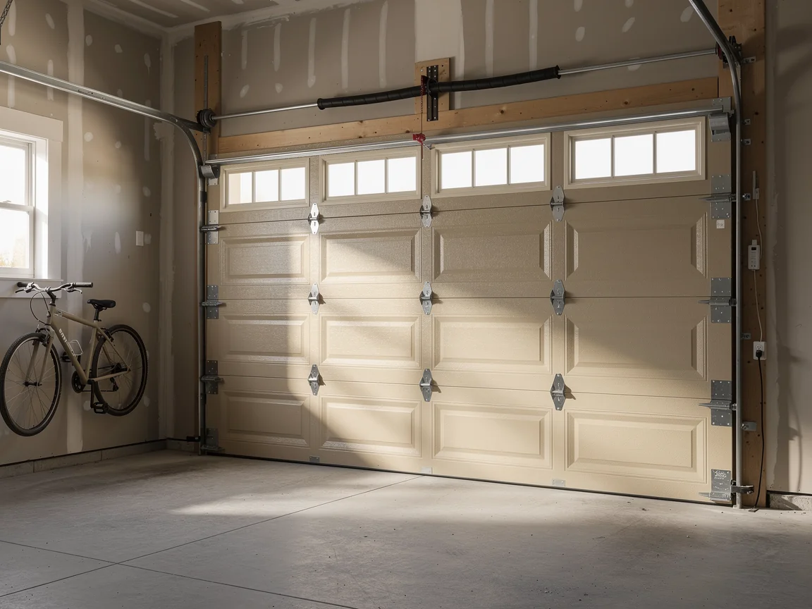 A closed tan garage door with windows is inside a garage with a bicycle.