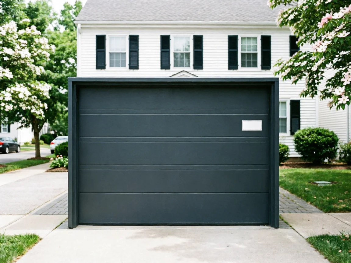 A dark gray garage door is closed on a white house.
