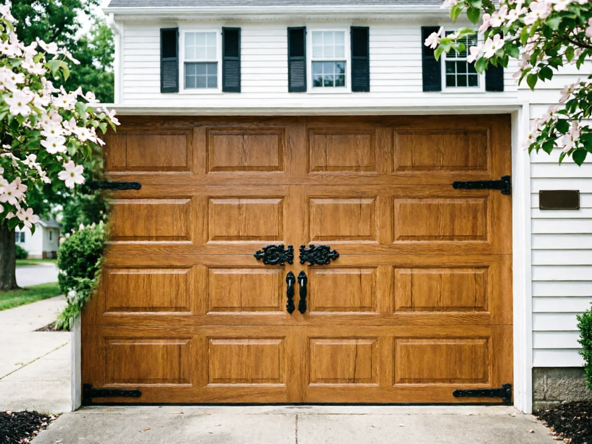 A brown wooden garage door with black decorative hardware on a white house.